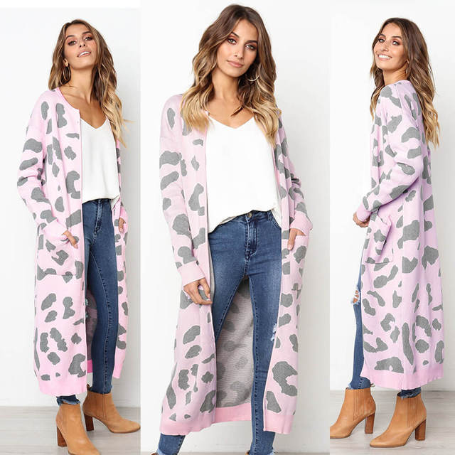 Women's Leopard Knitted Long Sleeve Cardigan Sweater