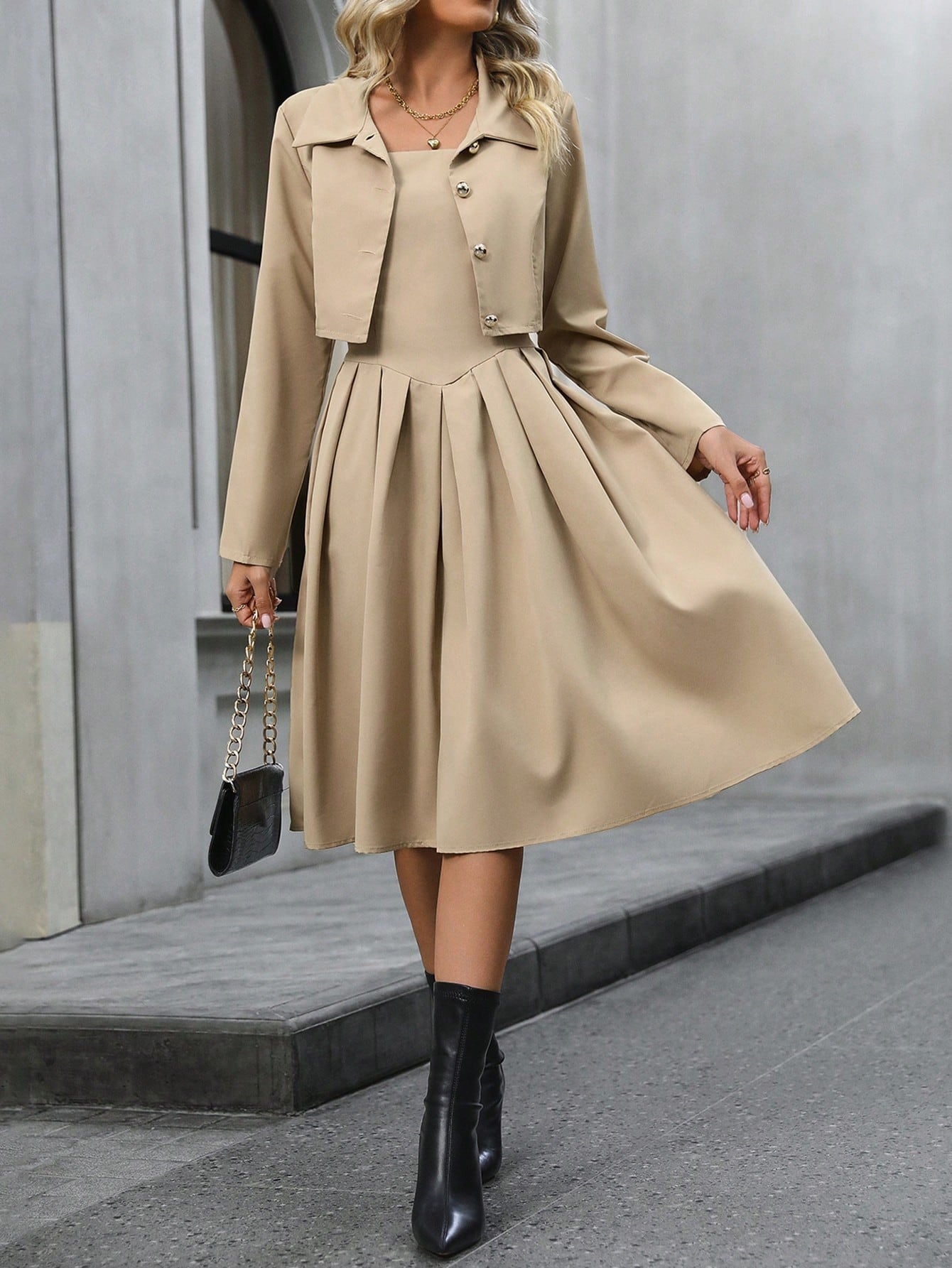 Solid Color Front Button Up Shirt And Pleated Dress