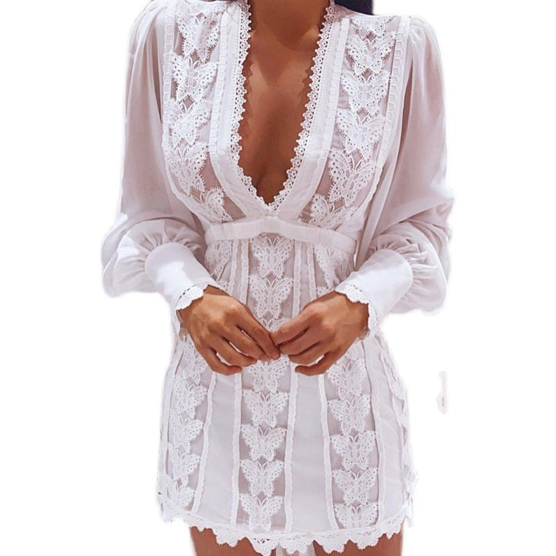 Sexy V Neck Lace Elegant Dresses. Long Puff Sleeve Butterfly Women Dress