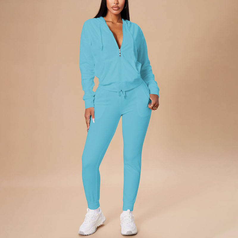 2-piece Zip Pocket Drawstring Hooded Crop Top & Slim Fit Pocket Pants - Ribbed Detail Casual Outfit for women