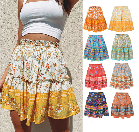 Floral Ruffled Hem Short Skirt with Patchwork Design
