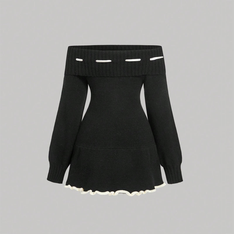 Women's Black Off-Shoulder Knit Dress, Long Sleeve Mini Dress With Lace Trim For Spring & Fall