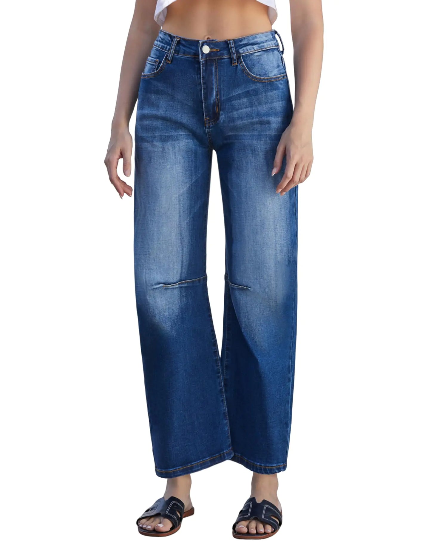 Women’s Barrel Jeans. High Waisted Ankle Horseshoe Stretchy Denim Pants Blue Large