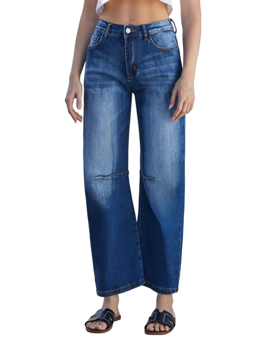 Women’s Barrel Jeans. High Waisted Ankle Horseshoe Stretchy Denim Pants Blue Large