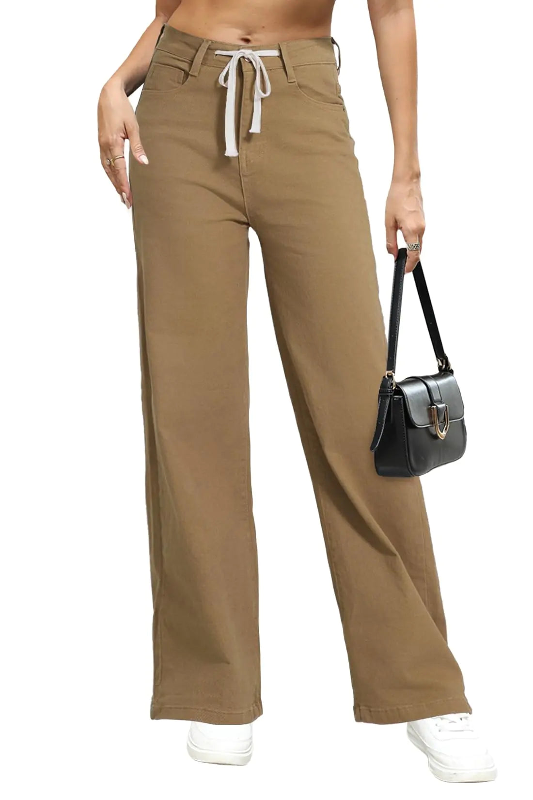 Womens Winter Solid Drawstring High Waist Wide Leg Jeans. Straight Leg Washed Denim Long Trousers Pants