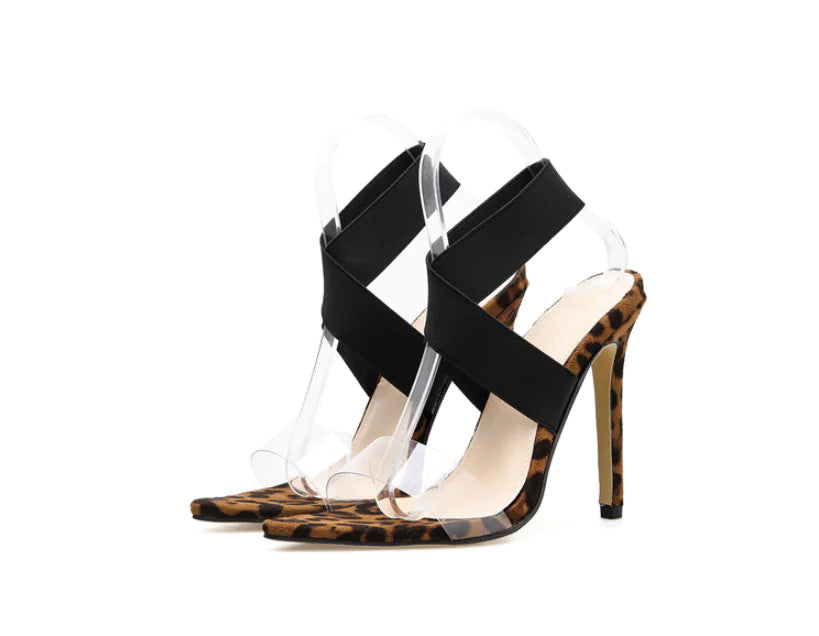 Women's Cross Elastic High Heels Leopard Print Sandals