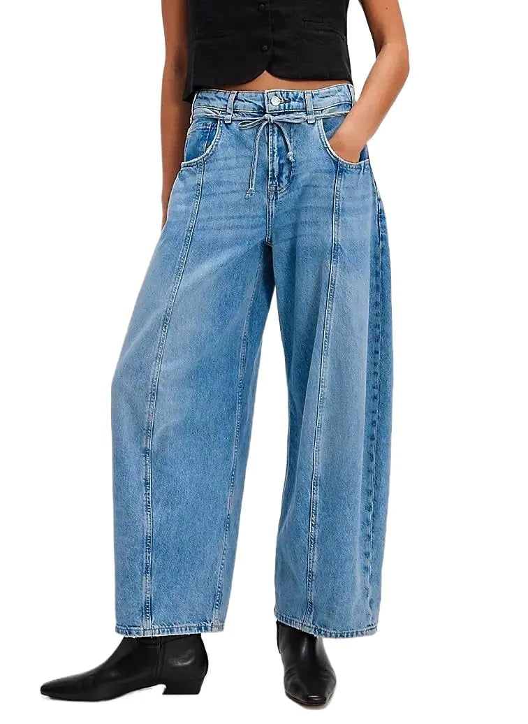 Wide Leg Baggy Barrel Jeans. Low Rise Boyfriend Denim Loose Cropped Y2K Ankle Pants. Trousers Medium Blue