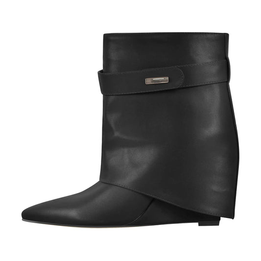 Womens Wedge Ankle Boots. Pull On Pointed Closed Toe Fold Over shoes, High Heeled Short Daily Casual Party shoes, Size 10
