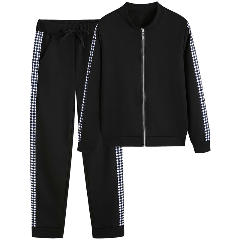 Print & Plaid Zip-Front Top and Tie-Waist Pants Set, 2-Piece Casual Loungewear For Women Spring And Fall