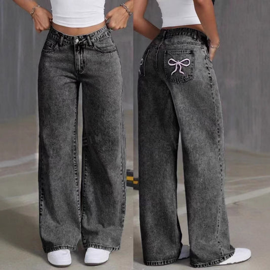 Embroidered High Waist Straight Loose Jeans. Casual Trousers Women