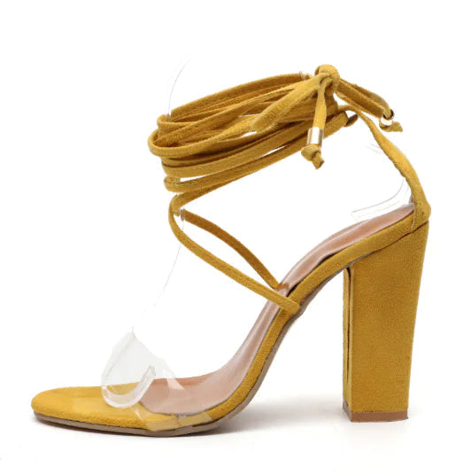 Strappy Chunky Heels with Sequins and Transparent Design