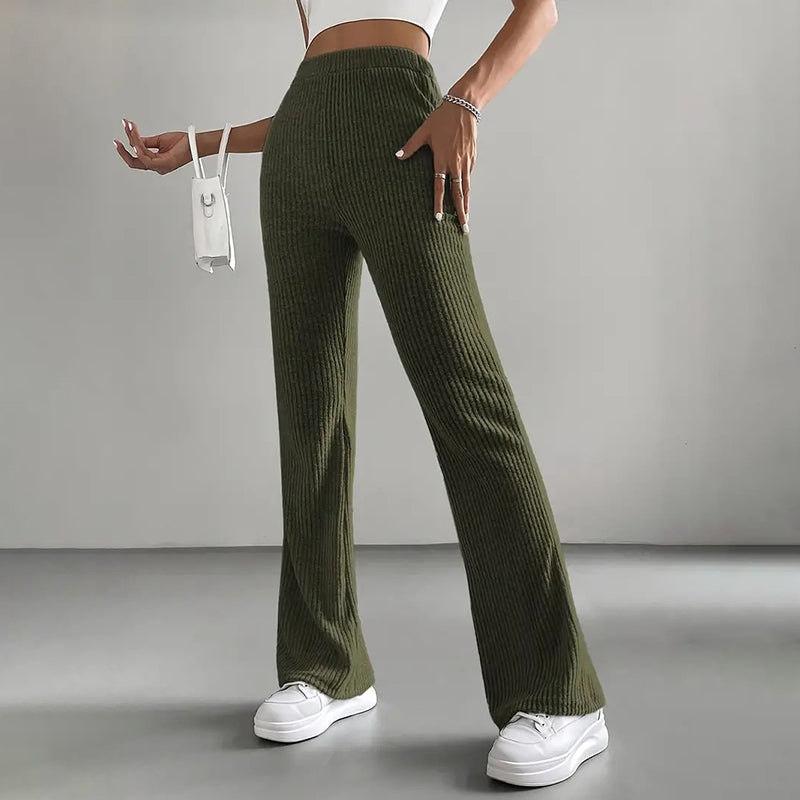 Women's Solid Color Rib-Knit Jogger Pants, Casual Stretch Pull-On Trousers For Spring And Fall