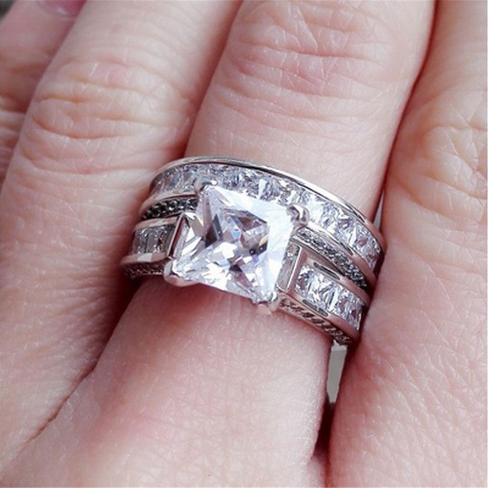 New Style Charm Couple Rings. Silver Color, Princess Cut CZ Anniversary Promise Wedding Engagement Ring Sets