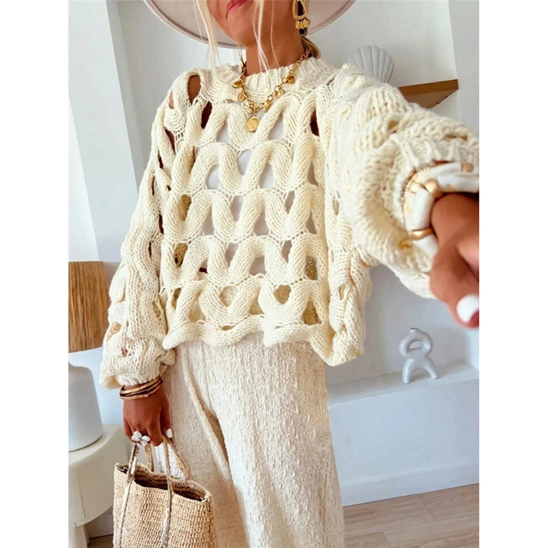 Womens Crewneck Elegant Soft Sweater. Long Sleeve Hollow Out Crochet Knit Pullover Tops