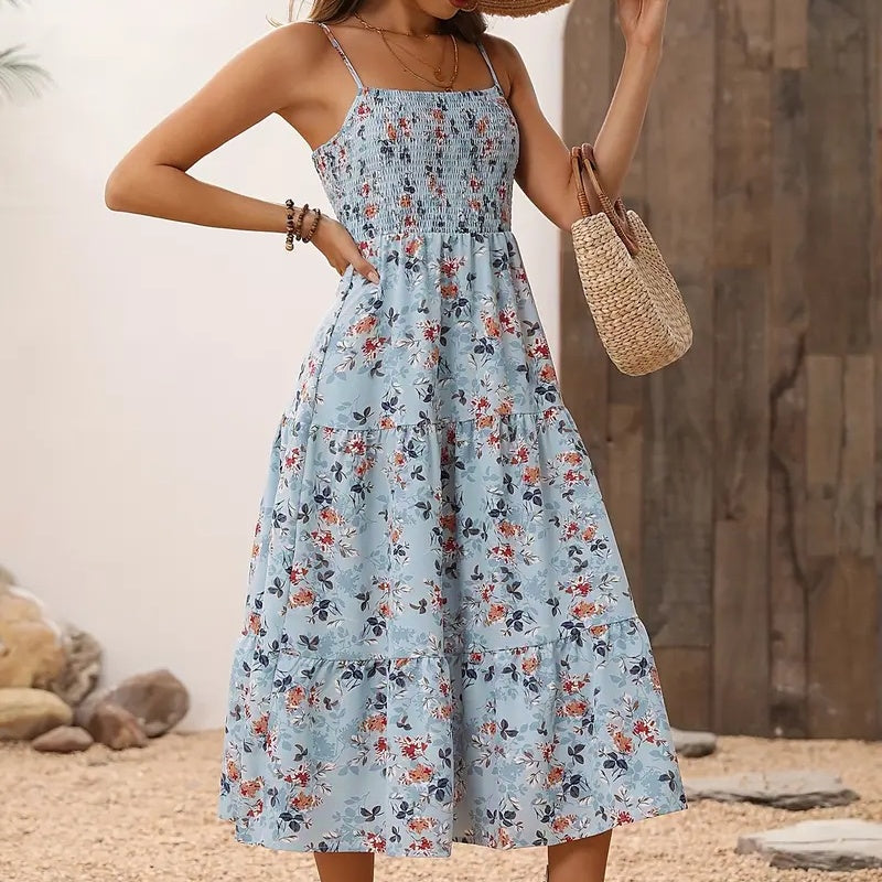 Womens Summer Floral Midi Dress. Smocked Spaghetti Strap Sleeveless Tiered Casual Flowy Dresses