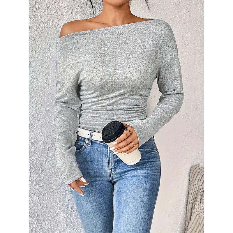 Women's Off The Shoulder Long Sleeve Tops. Going Out Casual Trendy Ruched Slim Fitted blouses