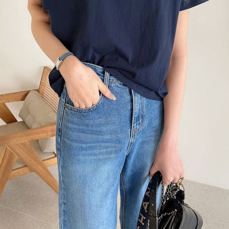 Korean Style Rolled-up Casual Jeans. High Waist Slim Straight Leg Pants Women