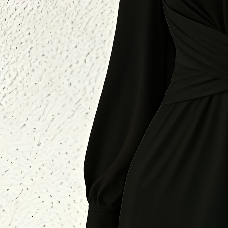 Elegant Jumpsuit With Cross V-Neck & Long Sleeve. Solid Color Belted Wide Leg Pantsuit For Office And Formal