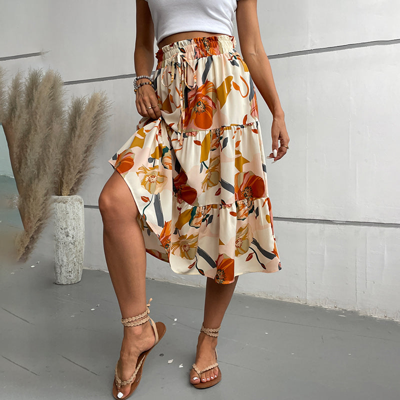Women's Floral Tiered Midi Skirt. Elastic Waist Dressy Casual A-line Flowy Boho Skirts