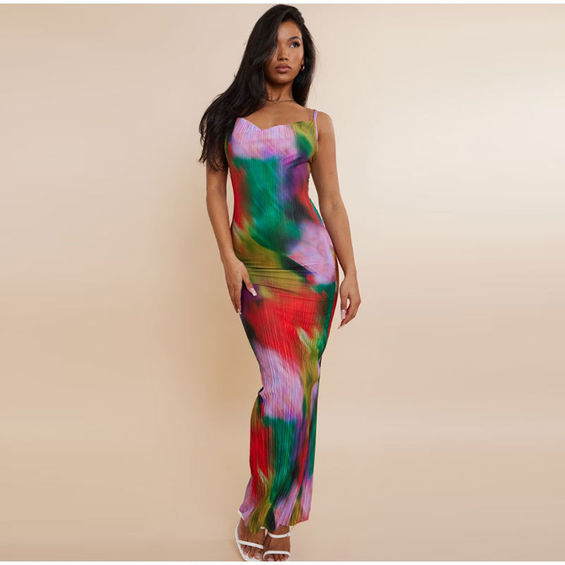 Women's Print Pleated Slim Fit Cami Dress HY009