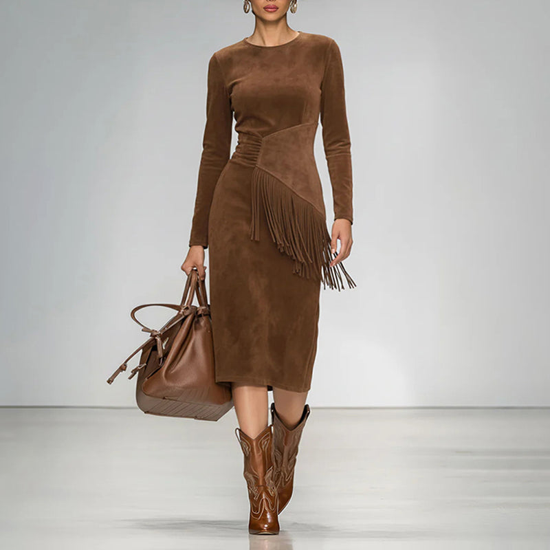 Women's Vintage Western Suede-Look Maxi Dress, Boho Fringe & Waist Ruffle Detail Bodycon Gown