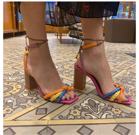 Plus Size Women's Heels with Colorful Straps and Block Heels