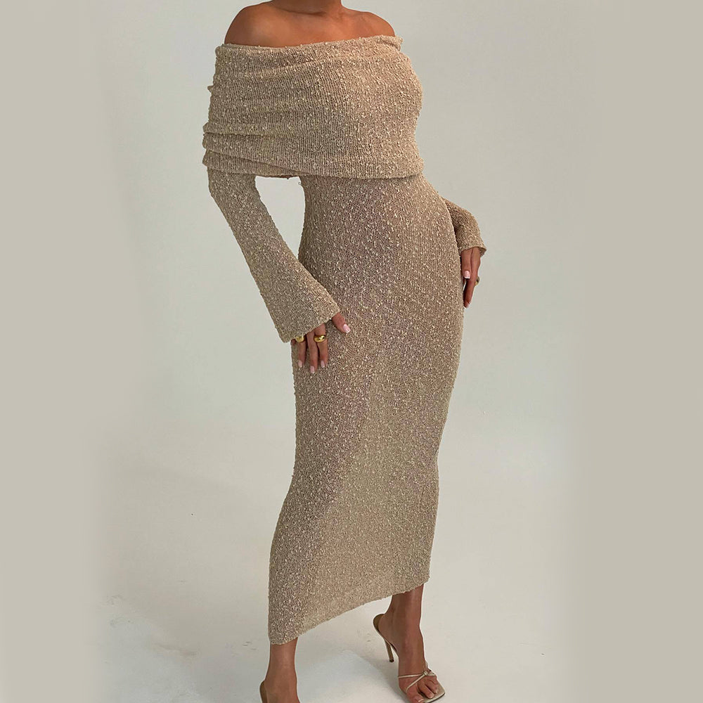 One-shoulder Knitted Long-sleeved Dress. Sexy Beach Holiday Long Dresses Womens Clothing