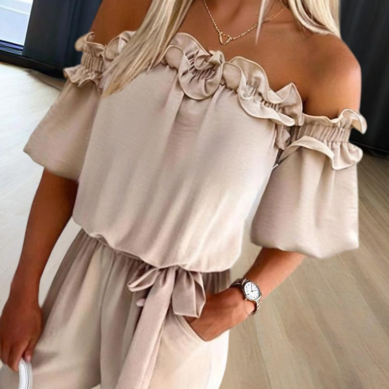 Women's Solid Color Elegant Off-Shoulder Jumpsuit. Ruffle Sleeves & Tie-Waist Summer Casual Romper