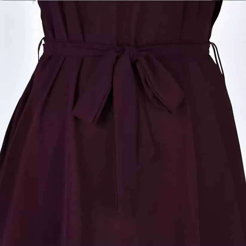 V-neck Short Sleeve Dress With Belt. Summer Fashion Bowknot Dresses For Women Clothing
