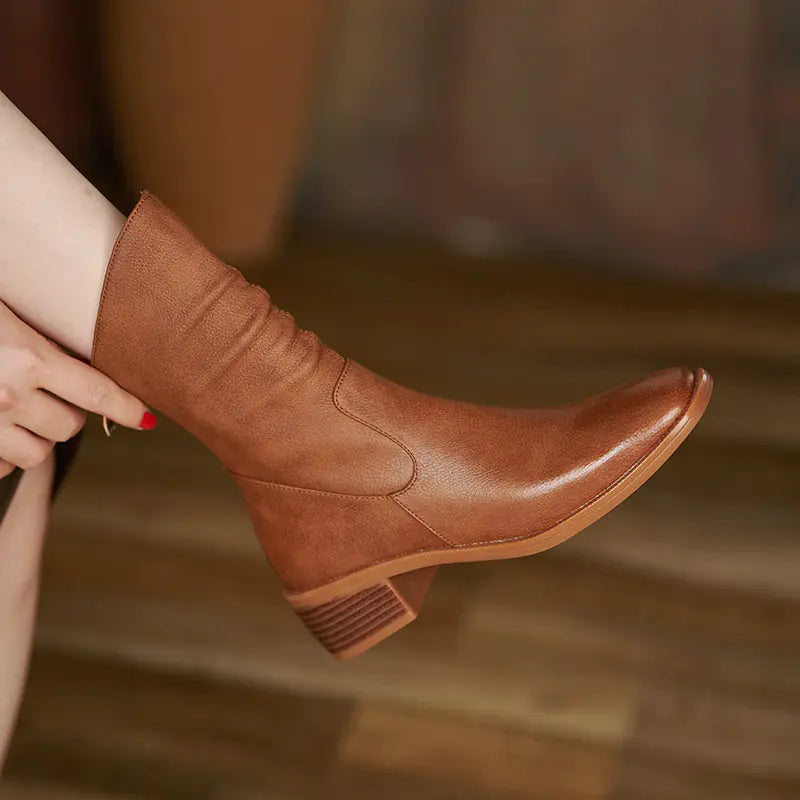 Vintage Leather Ankle Boots with Chunky Heels