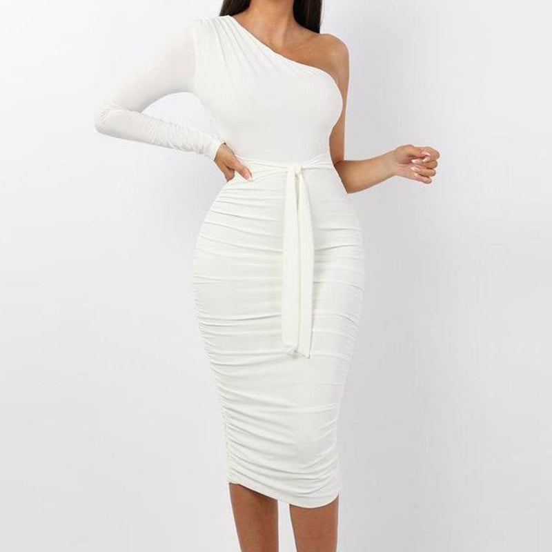 Solid Color One-Shoulder Ruched Dress for Women