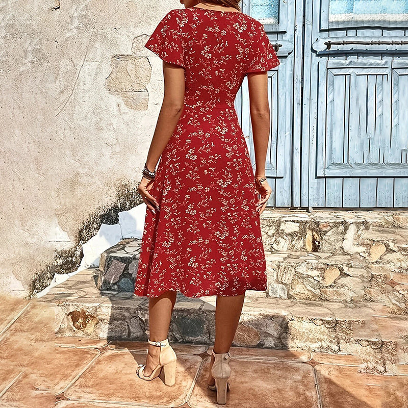 Summer Floral Print Maxi Dresses. Women Button Up Split Flowy Bohemian Beach Party Dress