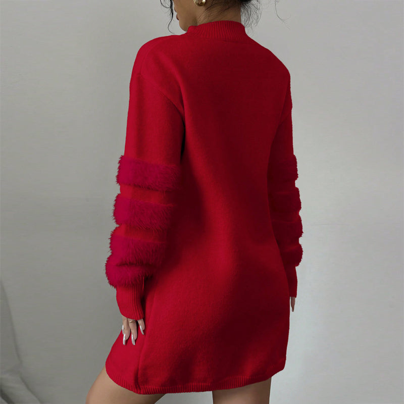 Women's Plush Long Sleeve Mini Dress, Solid Color A-Line Fitted Dress, With Faux Fur Trim For Winter Parties