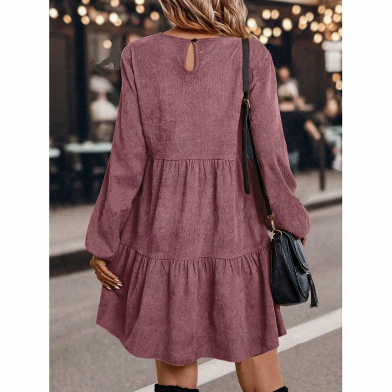 Women's Corduroy Mini Dress - Fall Winter A-Line Long Sleeve Dress, Round Neck