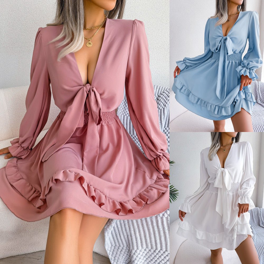 Summer Solid Color V-neck Long Sleeve Dresses. Women Sexy Lace Up A-line Beach Dress