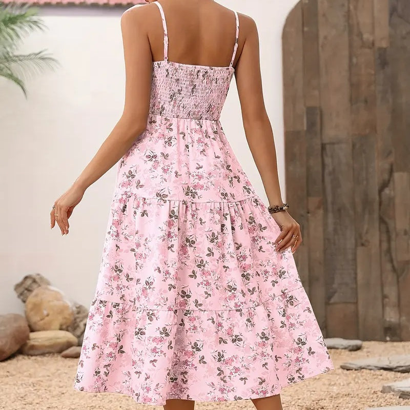 Womens Summer Floral Midi Dress. Smocked Spaghetti Strap Sleeveless Tiered Casual Flowy Dresses