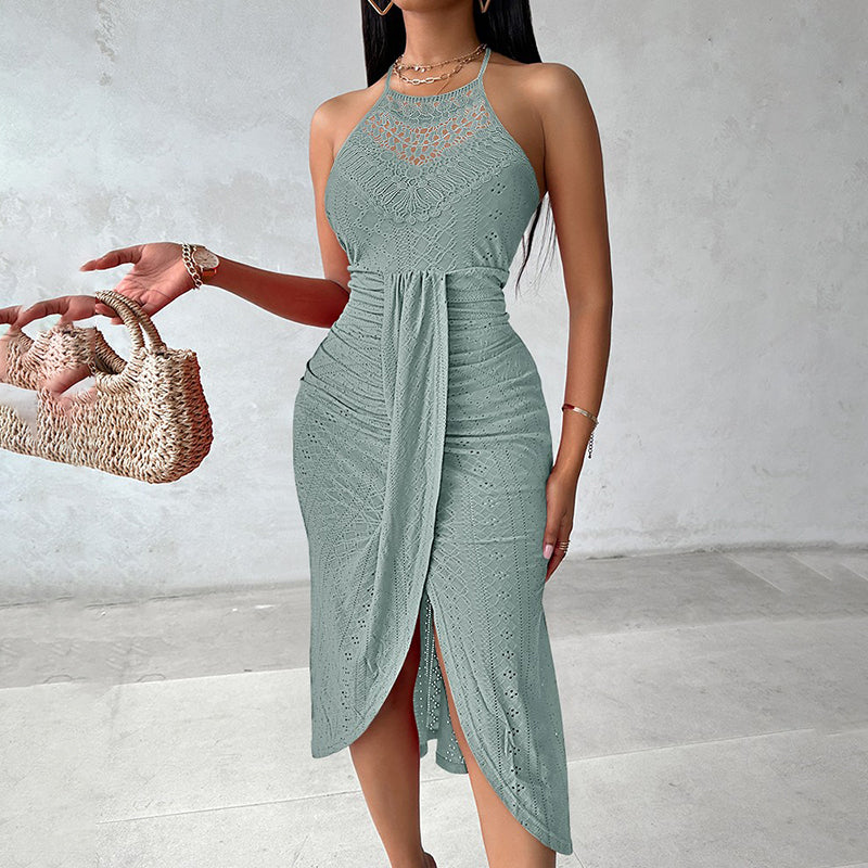 Women's Sexy Halter Neck Ruched Bodycon Midi Dresses. Elegant Sleeveless Cocktail Party Dress