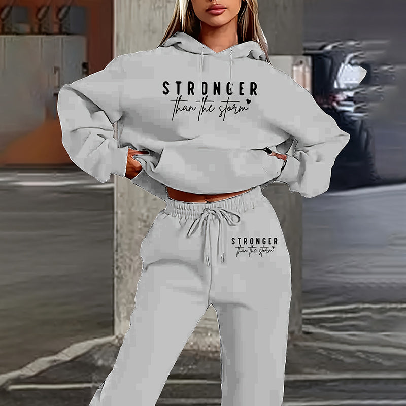 Solid 2-Piece Letter Print Hoodie With Pocket & Drawstring Jogger Pants, Casual Tracksuit for women