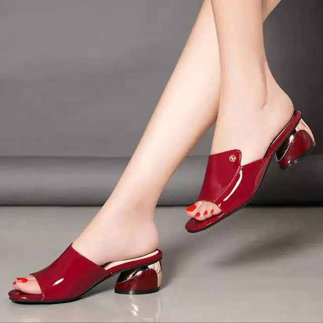Comfortable Red PU Leather Heels Slides for Women