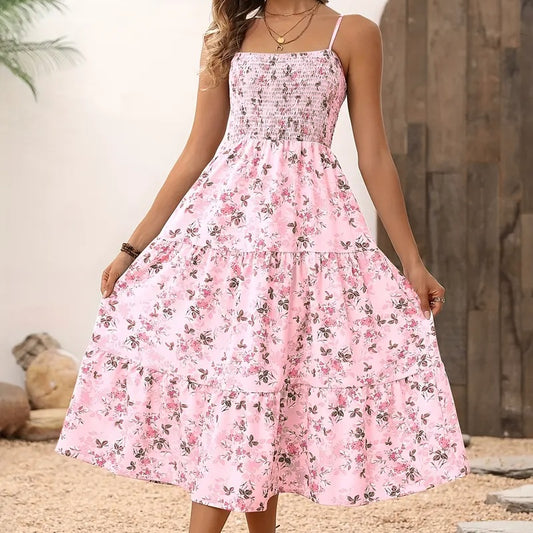 Womens Summer Floral Midi Dress. Smocked Spaghetti Strap Sleeveless Tiered Casual Flowy Dresses