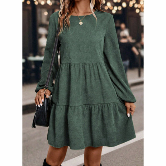 Women's Corduroy Mini Dress - Fall Winter A-Line Long Sleeve Dress, Round Neck
