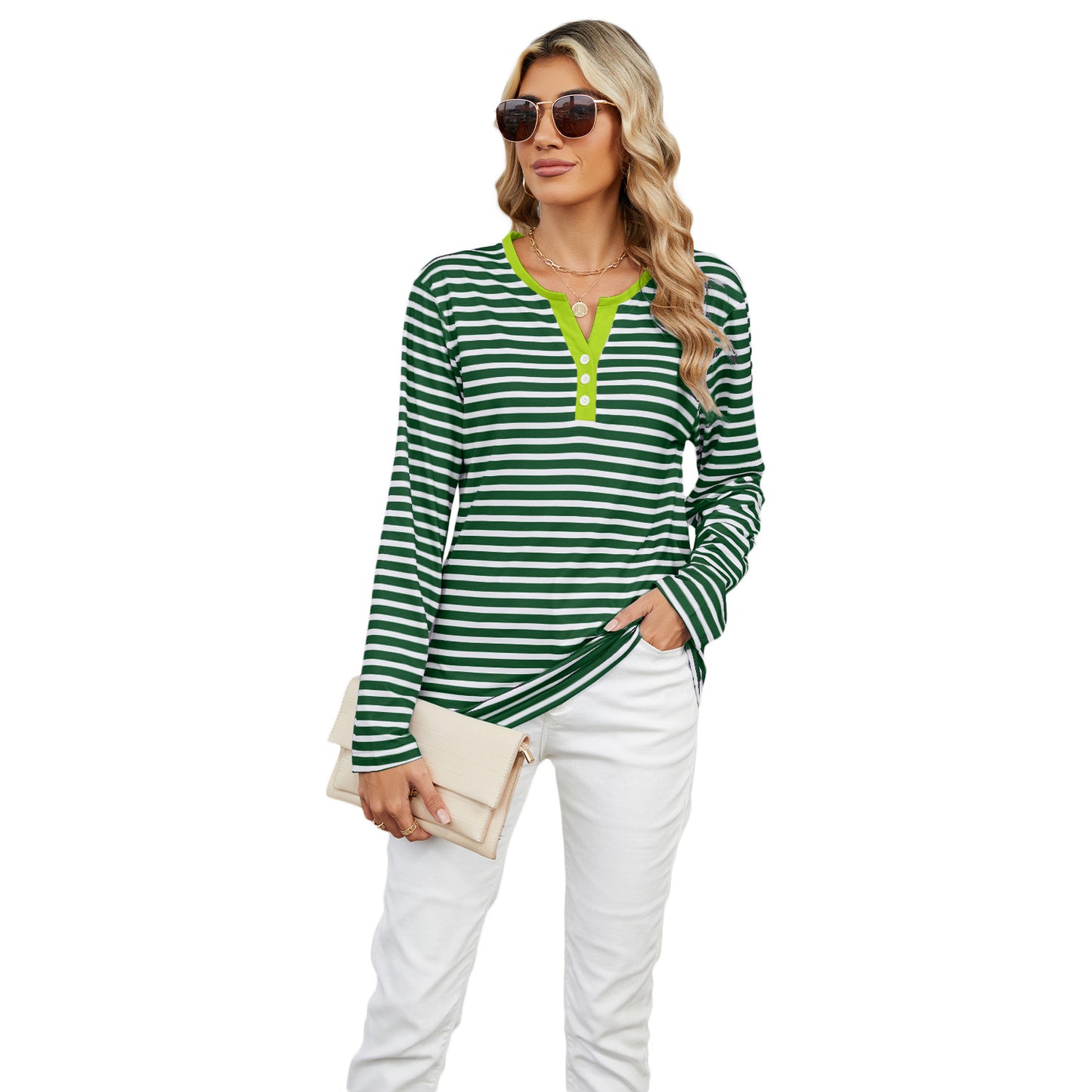 Women's V-neck Striped Loose Long-sleeved T-shirt Tops