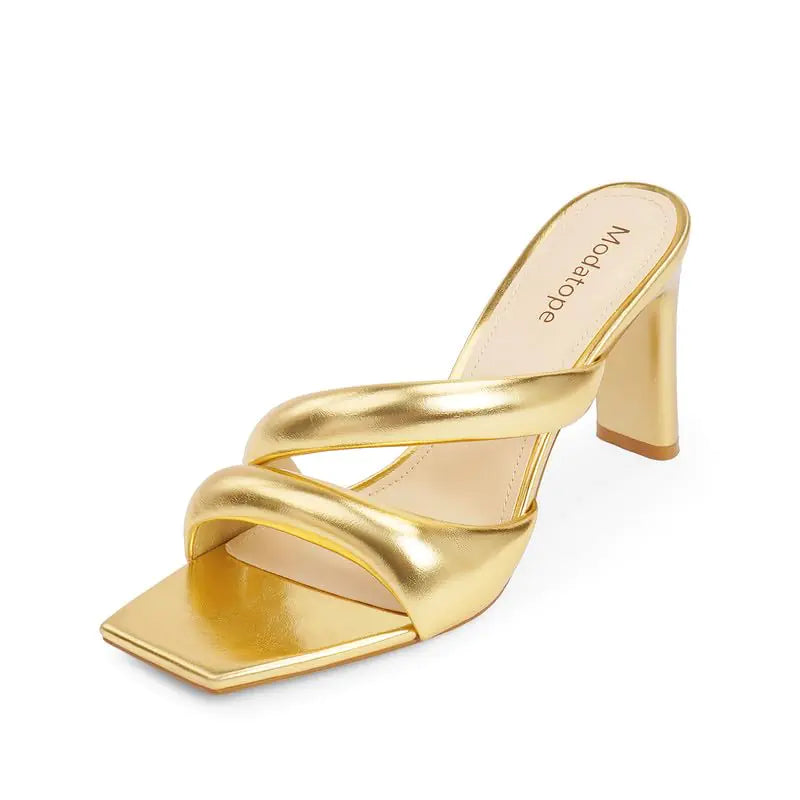 Gold Heeled Mules for Women. Square Slides Toe Sandals, Chunky Block Heel Open Toe Backless Slip On Shoes. Size 8