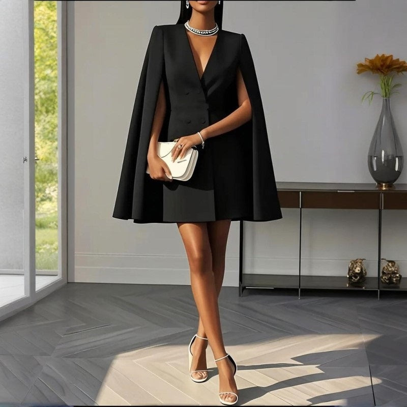 Women's Elegant Solid Color V Neck Cape Blazer Dresses. Spring & Summer Party Banquet Outfit