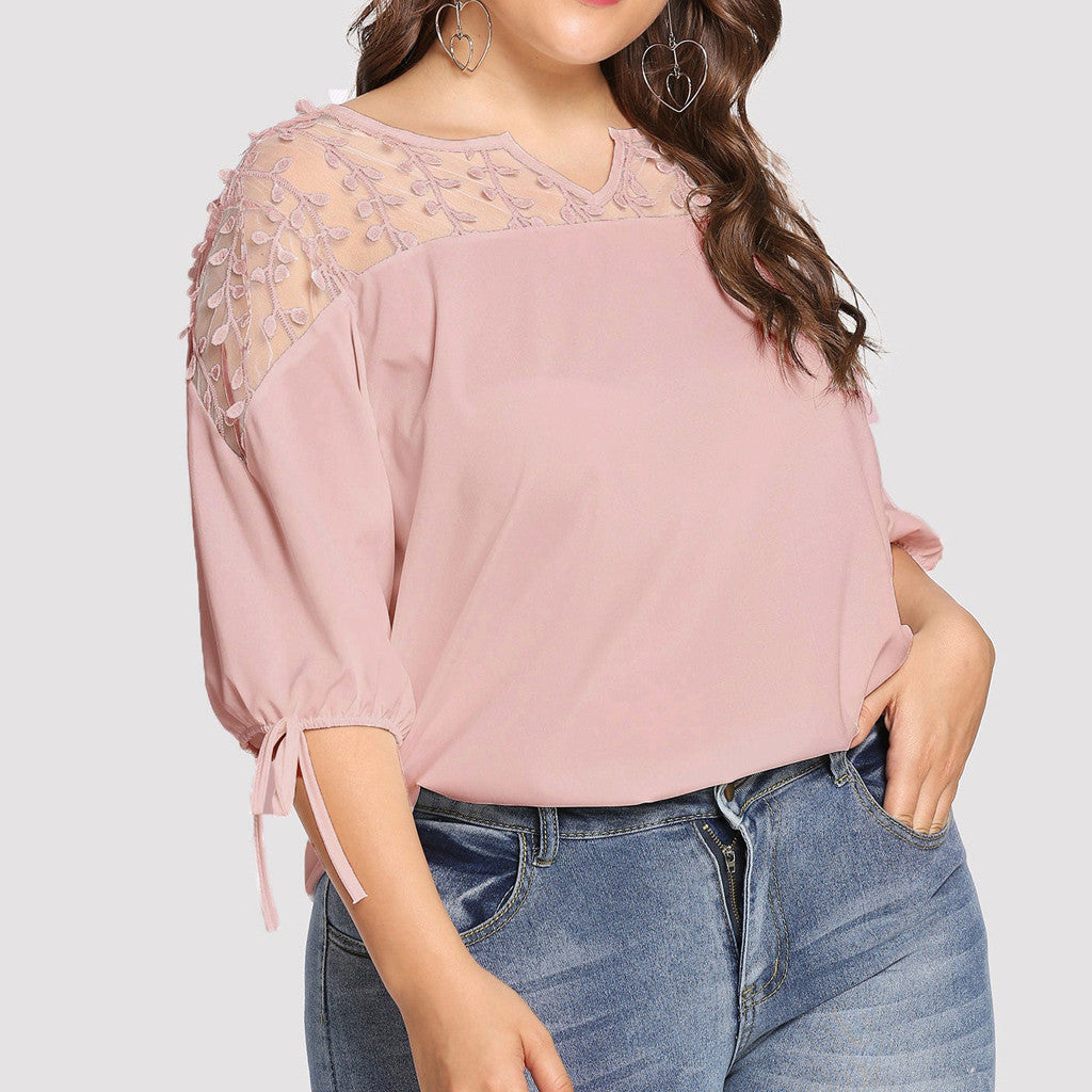 Plus Size Sheer Lace Chiffon Blouses with Ribbons