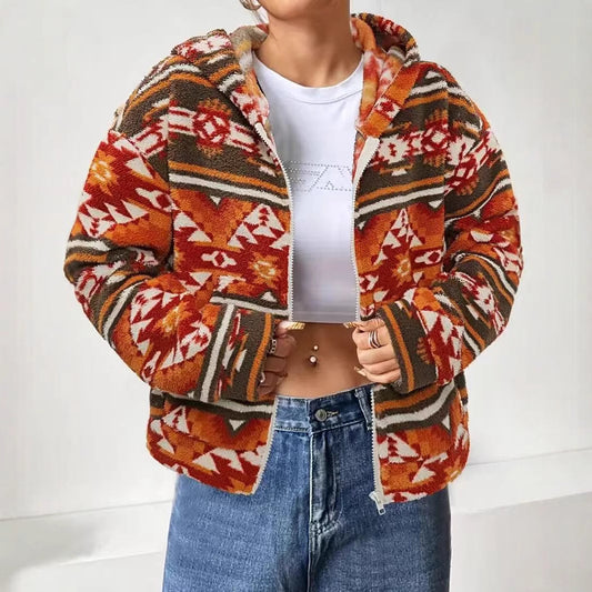 Casual Printed Plush Zipper Cardigan Hooded Coat