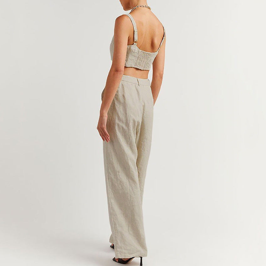 Summer Women's Cotton Linen Tank Top & Wide Leg Pants Set