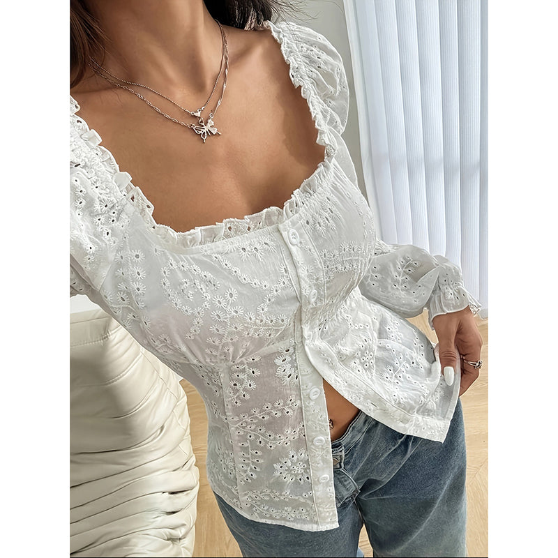 Women's Square Neck Puff Sleeve top. Eyelet Lace Hollow Out Button Blouse