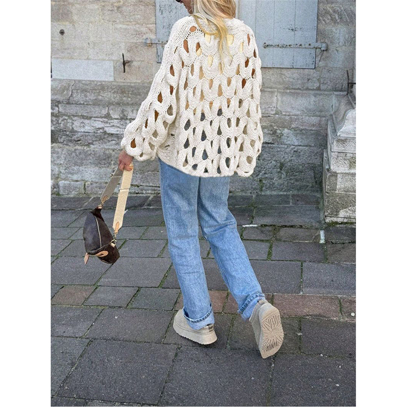 Womens Crewneck Elegant Soft Sweater. Long Sleeve Hollow Out Crochet Knit Pullover Tops