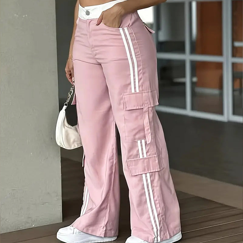 Women's Striped Straight Leg Pants. Button Zip With Pocket, Casual Trousers For Spring And Fall